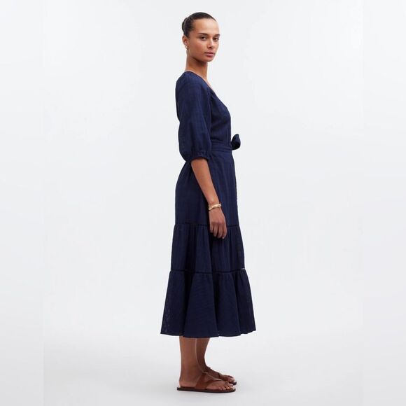 Madewell NWT Tie-Waist Tiered Midi Dress Size 0 in Windowpane Navy - Picture 3 of 12